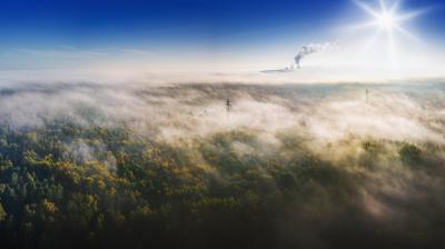 landscape from above in the early morning in the fog